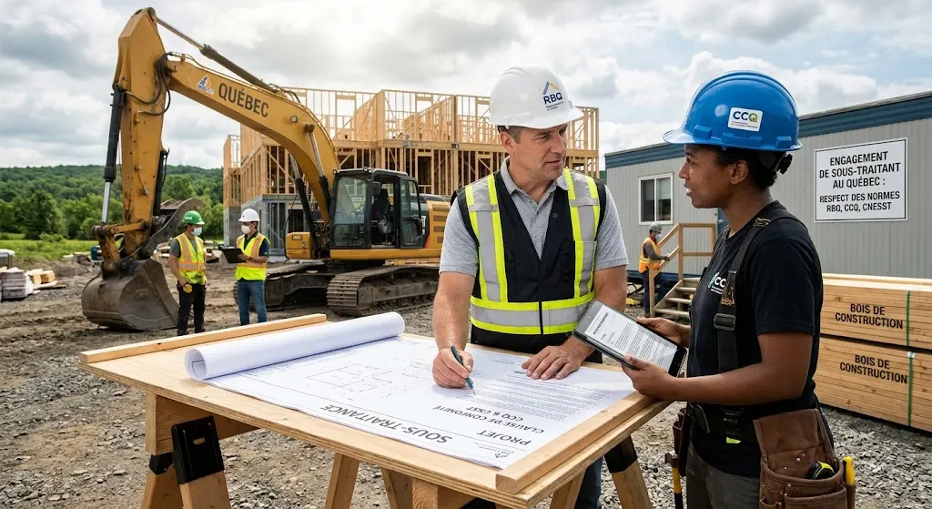 Un entrepreneur général et une sous-traitante discutent devant des plans, sur un chantier à ossature de bois.