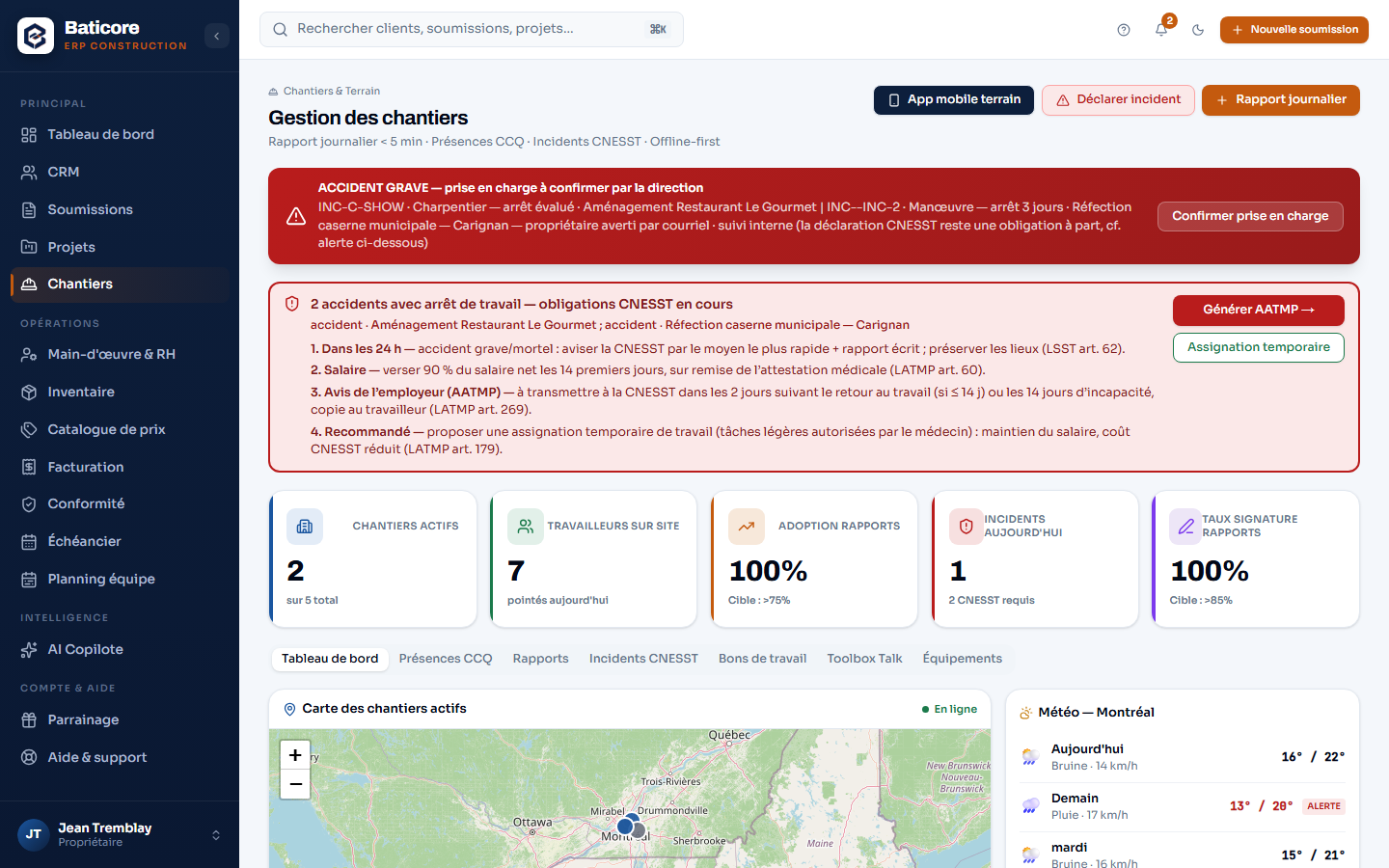 Capture d'écran de BatiCore — Application de chantier mobile — Québec, hors ligne